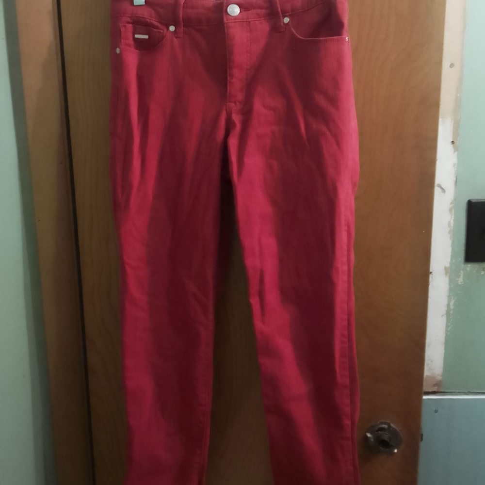 Red Straight Leg Nine West Gramercy Crop Jeans With Fringed Hem Size 4/24" Insea